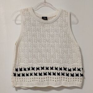 bobeau Cream Crochet Tank with Black Embroidered Trim